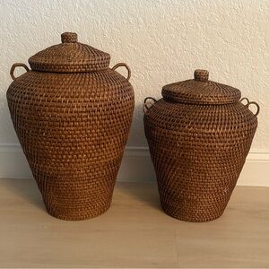 Vintage Large MCM Hand Woven Ratan Ginger Jar Baskets